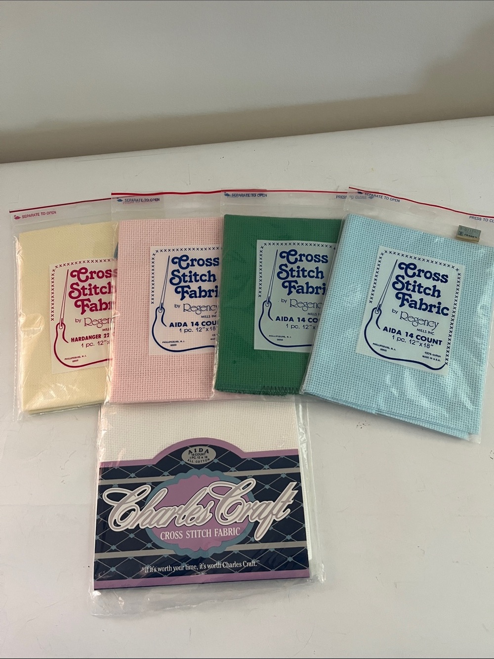 Regency Cross Stitch Fabric Bundle in Yellow, Pink, Green, Blue, and White